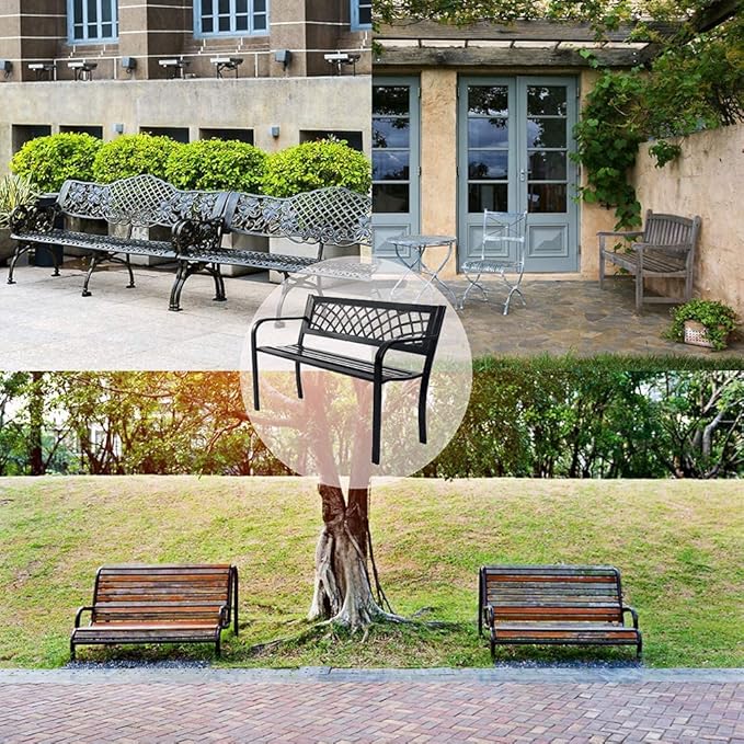 Garden Bench,Outdoor Benches,Iron Steel Frame Patio Bench with Mesh Pattern and Plastic Backrest Armrests for Lawn Yard Porch Work Entryway,Black-VerdiqueGarden