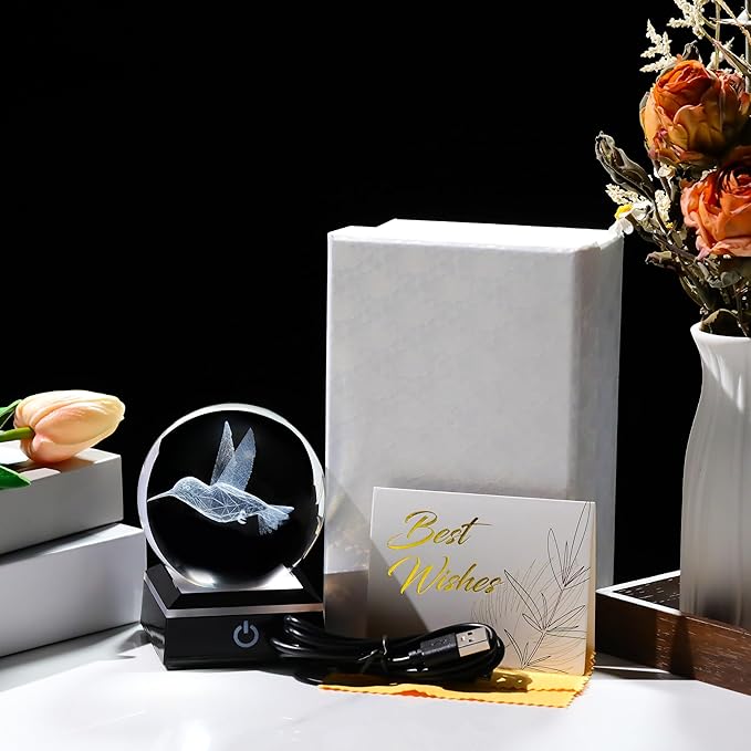 Qianwei 3D Crystal Ball Hummingbird Gift - 3.14'' 80mm Laser Decor Glass Animal Figurine Statue for Room Decorations With Night Light-VerdiqueGarden