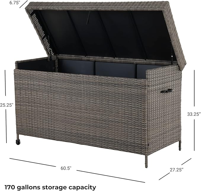 Grand patio 170 Gallon Deck Storage Box Deck Box Outdoor Storage Box Indoor Wicker Storage Bin Patio Storage Box for Patio Furniture Cushions Garden Tools Pool Accessories, Light Brown-VerdiqueGarden