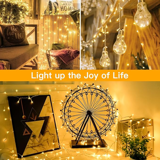 Ollny String Lights Indoor 200LED 60FT, Warm White Connectable Plug in LED Outdoor Light, 8 Modes Waterproof Timer Christmas Lights for Outside Bedroom House Party Wedding Camping-VerdiqueGarden
