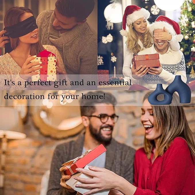 CEMABT Blue Ceramic Vase Set of 2 for Modern Minimalist Bohemian Decor,Round Matte Donut Vases for Pampas Grass-Perfect for Living Room, Dining Table, Office Bedroom Shelf Decor Entryway, Console-VerdiqueGarden