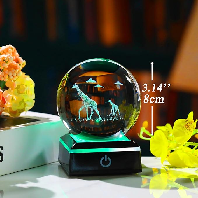 Giraffe Gifts for Women Men 3D Crystal Ball 3.14'' - Laser Giraffe Decor Glass Animals Figurines Statue Stuff for Room Night Light Giraffe Gifts for Mom-VerdiqueGarden