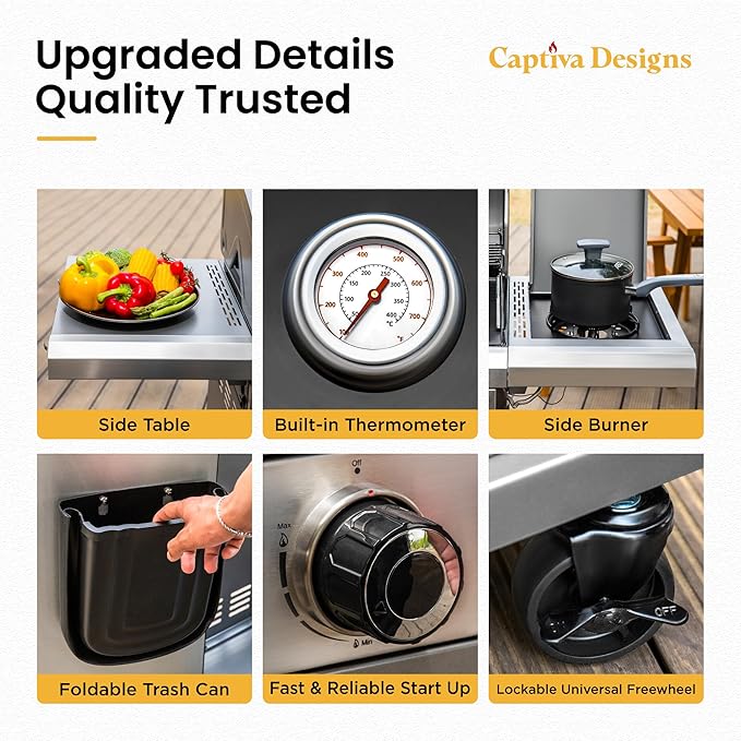 Captiva Designs 6-Burner Propane Gas BBQ Grill with Side Burner & Porcelain-Enameled Cast Iron Grate and Plate for Outdoor Barbucue Events, 52,000 BTU Output,740 SQ.IN. Cooking Area,Heavy Duty-VerdiqueGarden