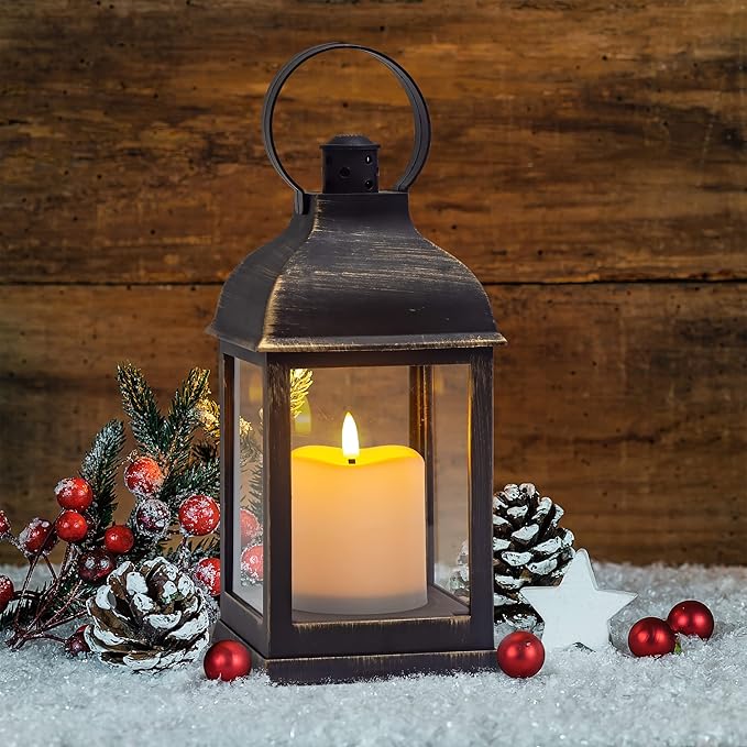 Vintage Lantern Decorative LED Flickering Flameless Candle with Timer, Battery Powered LED Decorative Hanging Golden Brushed Black Lanterns for Indoor Outdoor Garden Yard Home Decor(1 Pack)-VerdiqueGarden