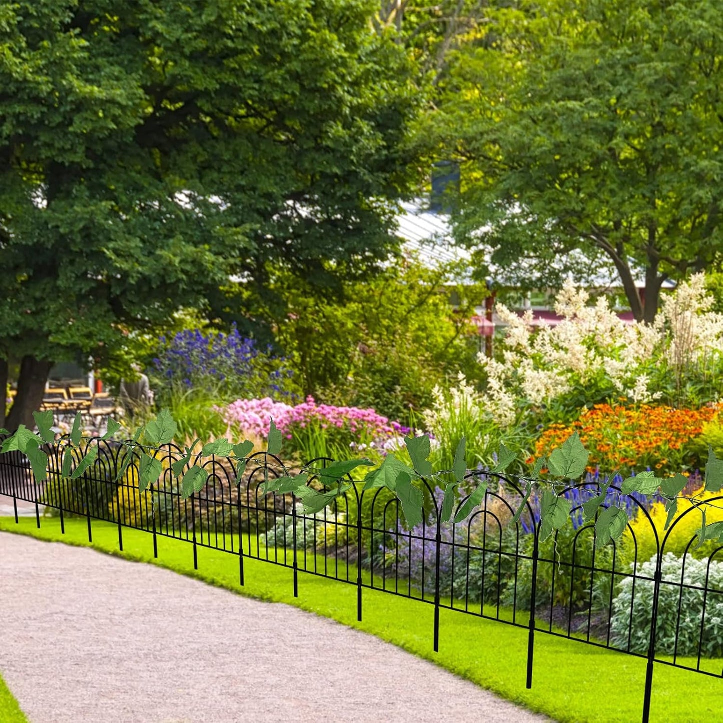 Decorative Garden Fence 20 Pack, Total 20ft(L) x 24in (H) No Dig Rustproof Metal Wire Fencing Border Animal Barrier, Flower Edging for Landscape Patio Yard Outdoor Decor, with 32ft Leaves-VerdiqueGarden