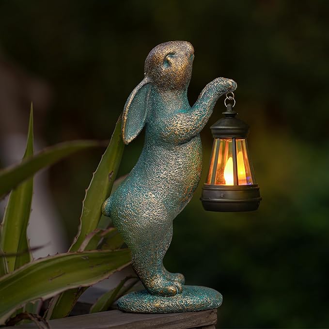 MININOVA Garden Statues Rabbit with Solar Lantern Outdoor Bunny Figurines Decorations for Patio Yard Lawn Ornaments Gifts for Birthday Easter Housewarming-VerdiqueGarden