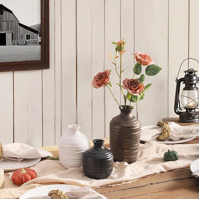 Ceramic Vase Set of 3 Decorative Vase for Home Decor Modern Farmhouse Decor Pottery Neutral Vases for Living Room Bathroom Table Mantel Fireplace Entryway Shelf (02-Metallic)-VerdiqueGarden