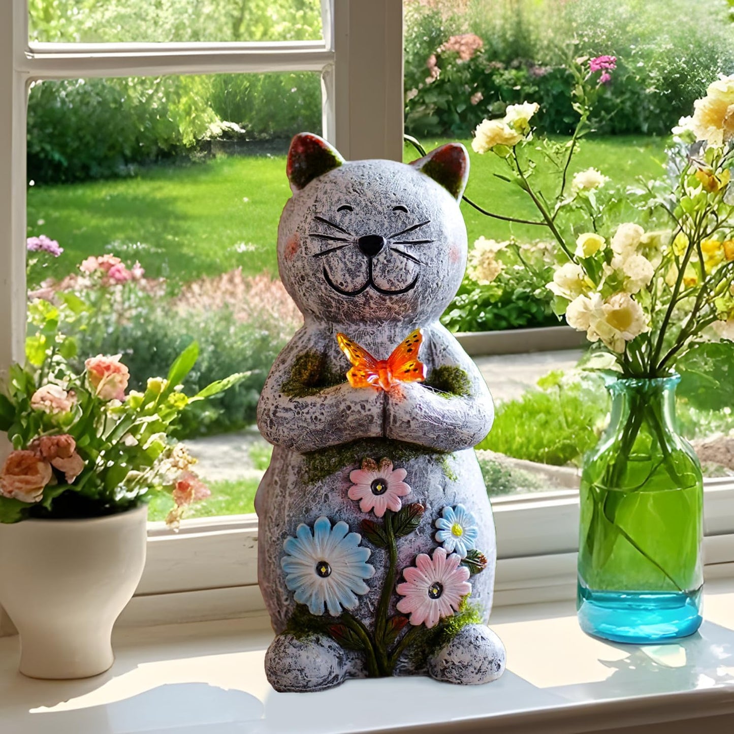 Solar Garden Statue Cat Figurine – Outdoor Decoration with Butterfly for Garden Yard Lawn Home Decor Outside : Unique Gifts for Mom Grandma-VerdiqueGarden