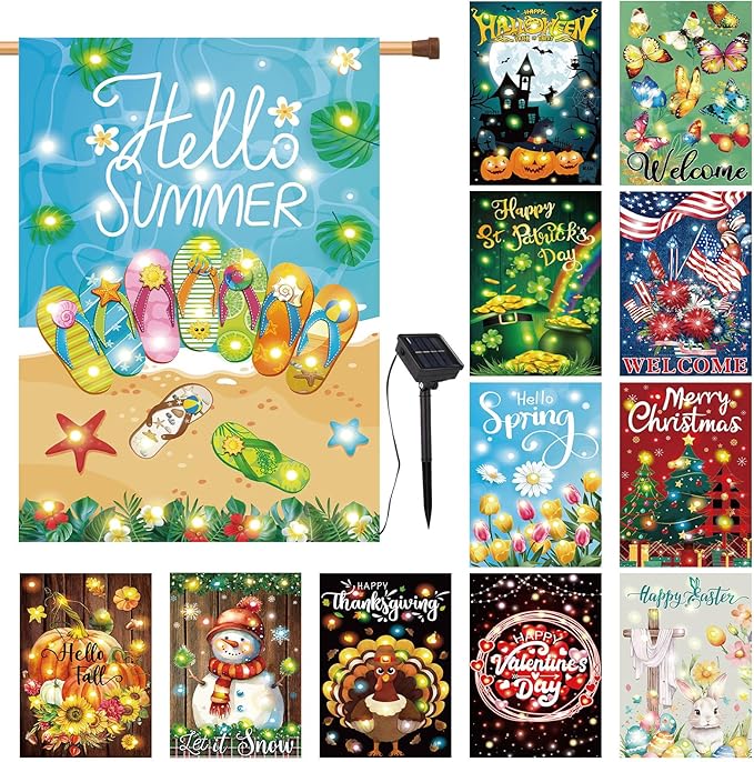 12 Pcs Solar Seasonal LED Garden Flags 28 x 40 Inch Double Sided Yard Flags Spring Easter Halloween Fall Thanksgiving Day Decorations Welcome Garden Flag Lawn Yard Outdoor Holiday Decoration-VerdiqueGarden