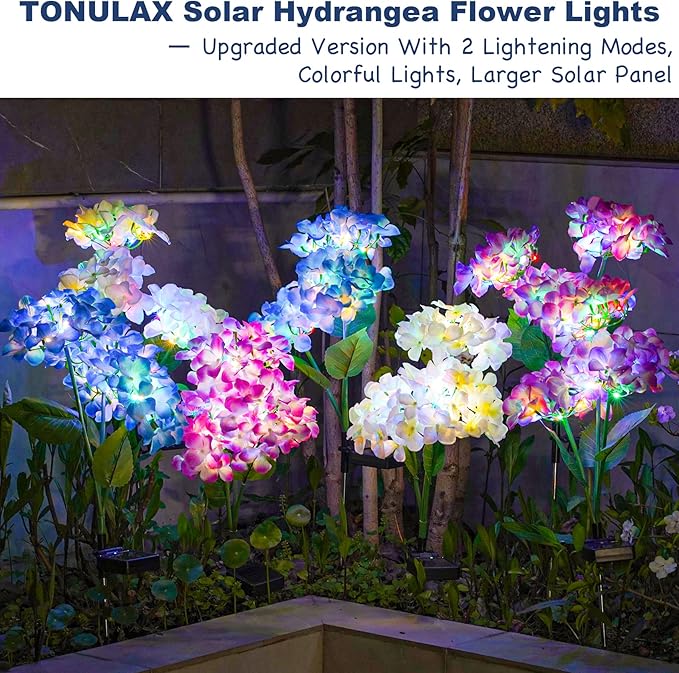 TONULAX Solar Garden Lights - 3 Pack Upgraded Version Outdoor Lights, Colorful Hydrangea Flower Light for Yard Decor, Garden Decoration, Two Lightning Modes & Enlarged Solar Panel-VerdiqueGarden