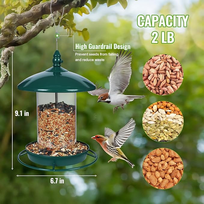 Metal Bird Feeder for Outside Hanging,Wild Bird Feeders for Cardinal, Large Roof and Tray - 6 Port-VerdiqueGarden