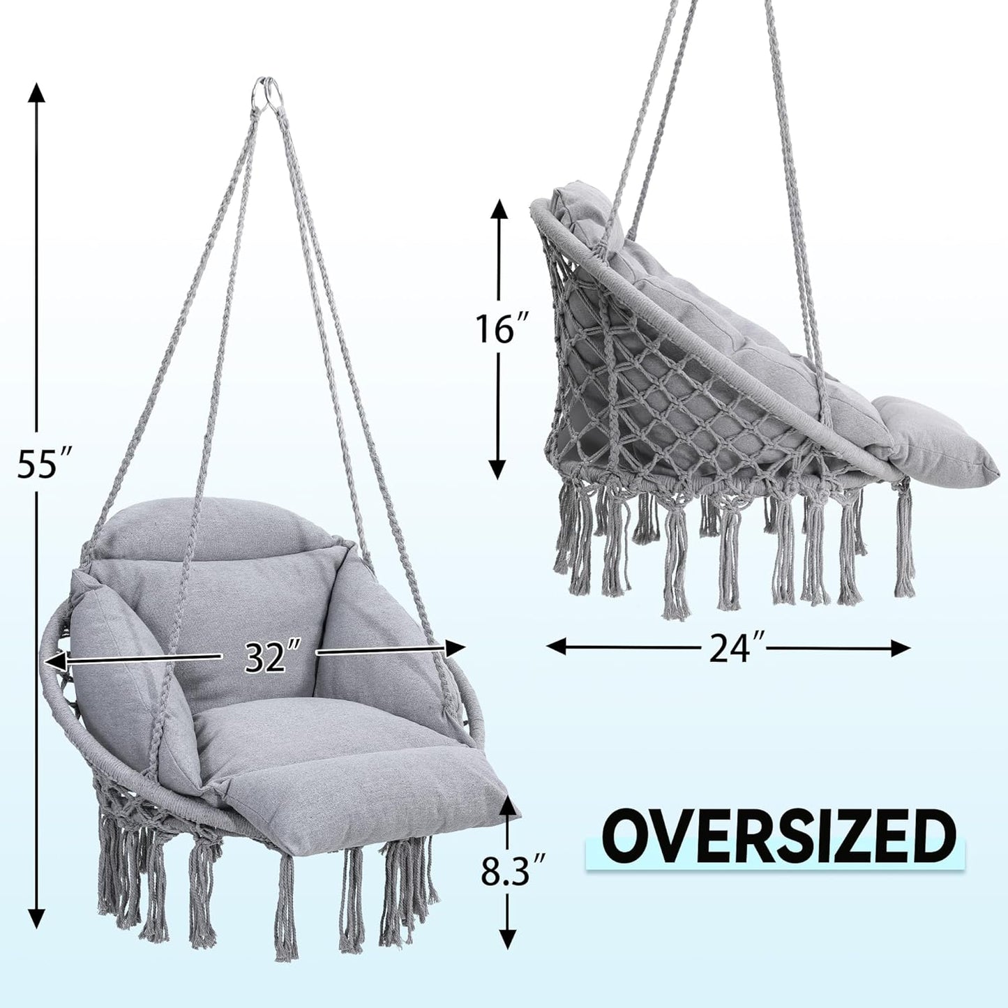 Macrame Hammock Hanging Swinging Chair with Oversized Cushion, Perfect for Bedroom, Porch, Kids, Adults, Balcony, Grey-VerdiqueGarden