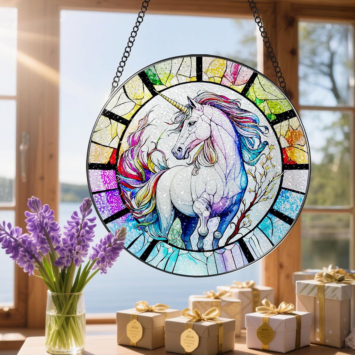 Stained Glass Window Hanging, Stained Glass Suncatcher, Unicorn Sun Catcher, Window Decor, Unicorn Gift, Gifts for Mothers Day, Christmas or Birthday Gift, Gifts for Her Mom Grandmother Daughter-VerdiqueGarden
