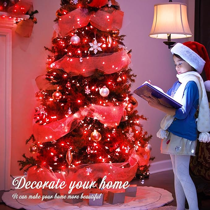 JMEXSUSS Red Christmas Lights Clear Wire, 66ft 200 LED Red Christmas String Lights Outdoor Indoor Plug in, 8 Modes Red String Twinkle Fairy Lights for Room Party Tree Decorations-VerdiqueGarden