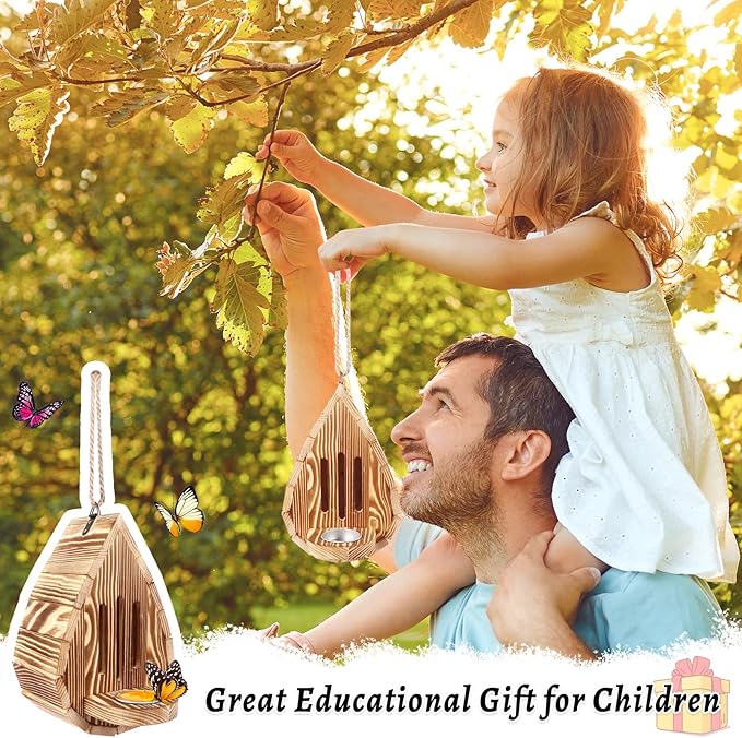 Wooden Butterfly House and Feeder, Hanging Butterfly House for Garden, Natural Butterfly Habitat with Butterfly Puddler for Outside Butterflies, Moths - Backdoor, Easy to Clean-VerdiqueGarden