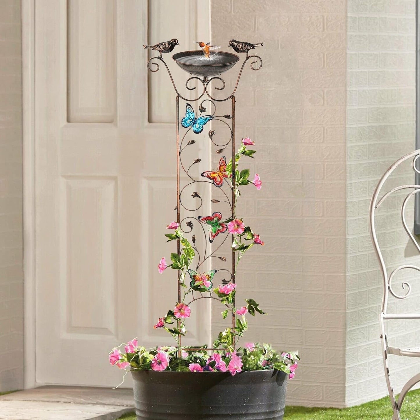 LEWIS&WAYNE Garden Trellis Bird Bath Outdoor, 40 Inch Antique Iron Garden Plant Trellis Decorative with Butterflies and Detachable Drinking Basin Bowl, Free Standing BirdBath Birdfeeder Station-VerdiqueGarden