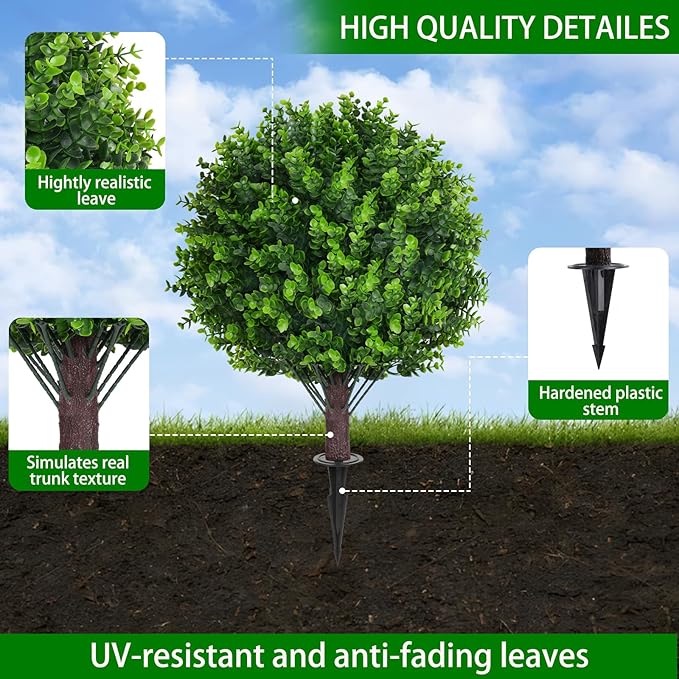Artificial Eucalyptus Topiary Ball Trees with Ground Spike, Set of 2 UV Resistant Artificial Shrubs, Fake Evergreen Artificial Plant Bushes for Indoor Outdoor Front Porch Garden-VerdiqueGarden