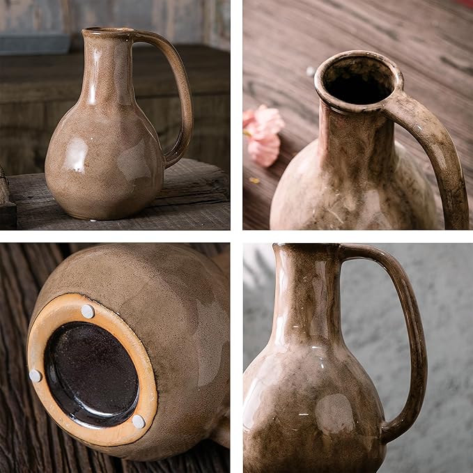 Brown Ceramic Vase with Big Handles, Modern Farmhouse Decor, Rustic Pottery for Flowers, Decorative Terracotta Centerpiece for Dining Table-VerdiqueGarden