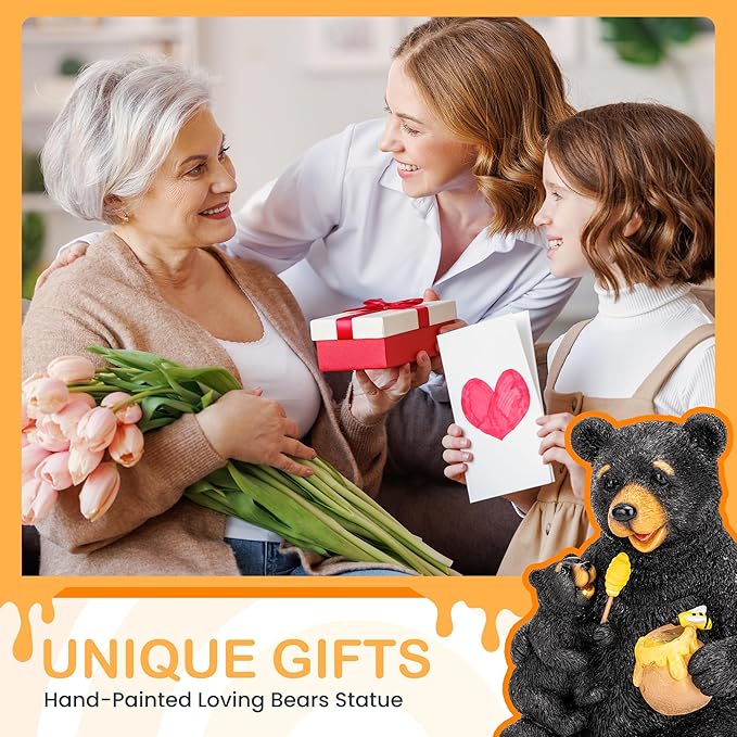 GIGALUMI Solar Garden Statues Loving Bear Figurine Lights for Outside, Yard Decorations Outdoor, Garden Decor Unique Birthday Housewarming Gifts for Mom, Women, Black-VerdiqueGarden
