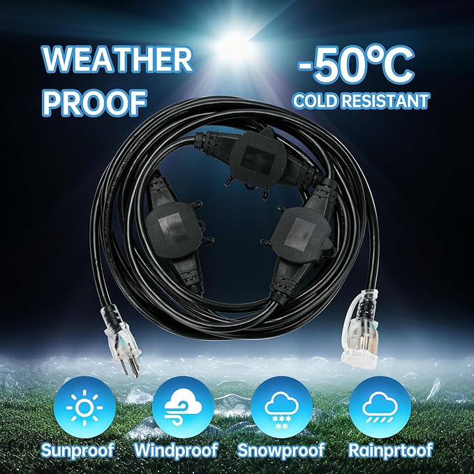 20FT 16 Gauge Multi-Outlet Extension Cord, 4 Evenly Spaced Weatherproof Outlets, Great for Stage Backdrops, Landscape Garden Lighting, Christmas Decorations ETL-VerdiqueGarden