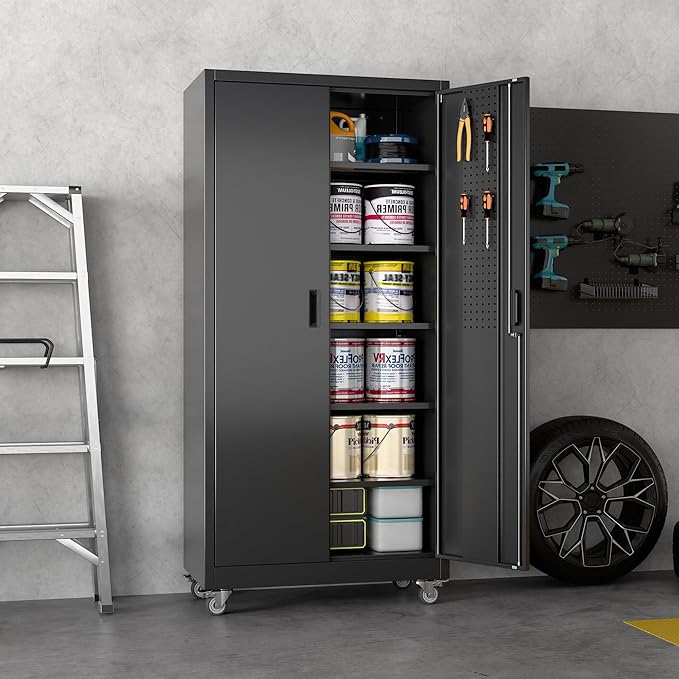 71" H×32" W×16" D Garage Storage Cabinet with Wheels, Locking Metal Storage Cabinet with 5 Adjustable Shelves, 4 Hooks and Pegboard for Garage, Home Office, Kitchen, Black, Assembly Required-VerdiqueGarden
