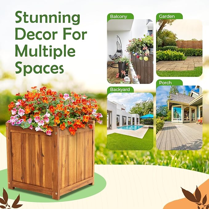 Idzo Set of 2 Hardwood Outdoor Flower Box, Durable Acacia Wood Flower Boxes for Outdoor Plants with Ergonomic Handles, Drainage Holes, Multiple Sizes Wood Bucket Planter for Home Décor-VerdiqueGarden