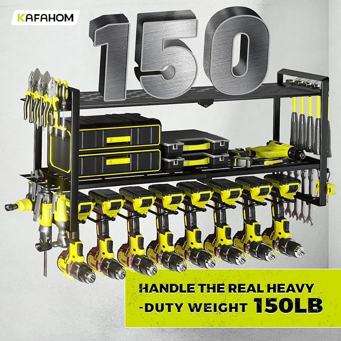 KAFAHOM Power Tool Organizer for Tool Storage, 8 Drill Holder Wall Mount, Tool Holder and Storage Rack for Garage Organization, Heavy Duty Metal Tool Shelf with Air tool/Screwdriver/Hammer Holder-VerdiqueGarden