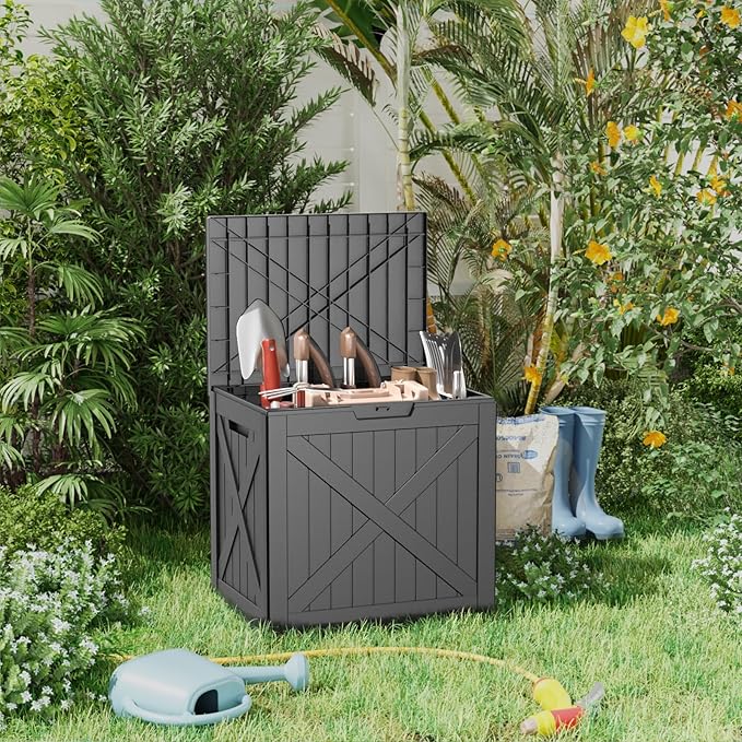 DRATO 32 Gallon Deck Box X pattern, Outdoor Storage Box for Patio Cushion, Sports Equipment, Garden Tools,Waterproof Patio Storage box, Lockable-VerdiqueGarden