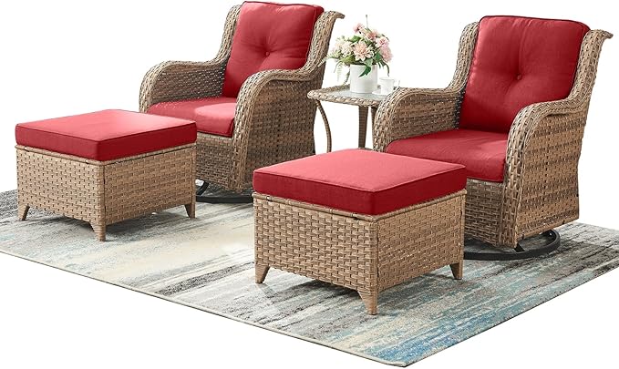 Outdoor Wicker Patio Furniture Set - 5 Pieces Rattan Patio Conversation Set with 2 Rocking Swivel Chairs,2 Ottomans and 1 Side Table for Porch Deck Backyard Garden(Yellow/Red)-VerdiqueGarden