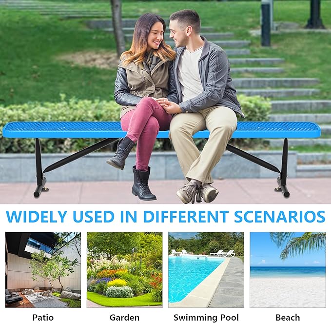 96" L Outdoor Metal Benches, Heavy Duty Garden Park Bench for Outside, Expanded Metal, Commercial Benches Mesh Bench for Shopping Mall, Store, Lawn, Park, Patio, Deck, Garden (Blue, 8FT)-VerdiqueGarden