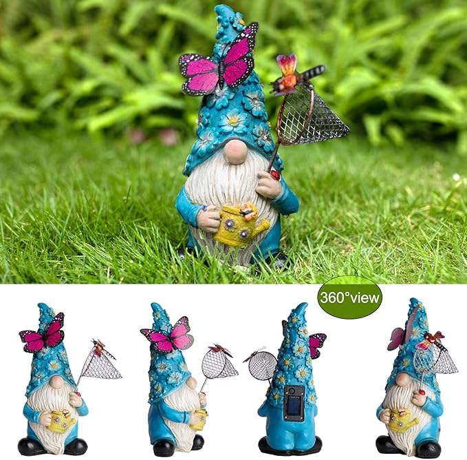 Garden Gnome Statues Outdoor Decor Solar Gnomes with Butterfly on LED Lighted Flowers, Resin Blue Gnomes Sculpture for Patio Yard Lawn Onament Decoration-VerdiqueGarden