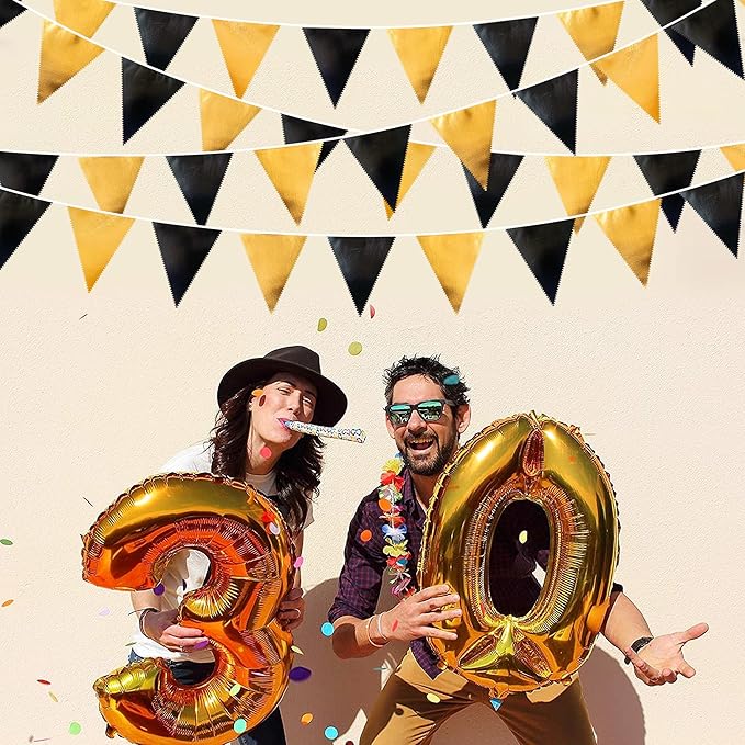 Black and Gold Party Decorations Triangle Pennant Banner Flag Metallic Fabric Bunting Garland for Birthday Graduation Anniversary Wedding Bachelorette Bridal Shower Engagement Hen Party Supplies-VerdiqueGarden