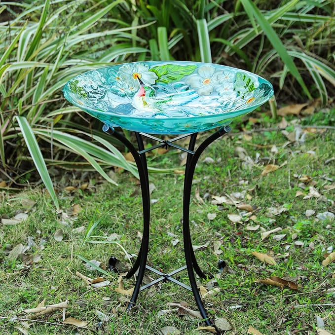 VCUTEKA 18" Outdoor Glass Birdbath with Sturdy Metal Stand for Lawn, Yard, or Garden Decor Bird Lovers Gift, Hummingbird Bird Bath Detachable, 22" Height-VerdiqueGarden