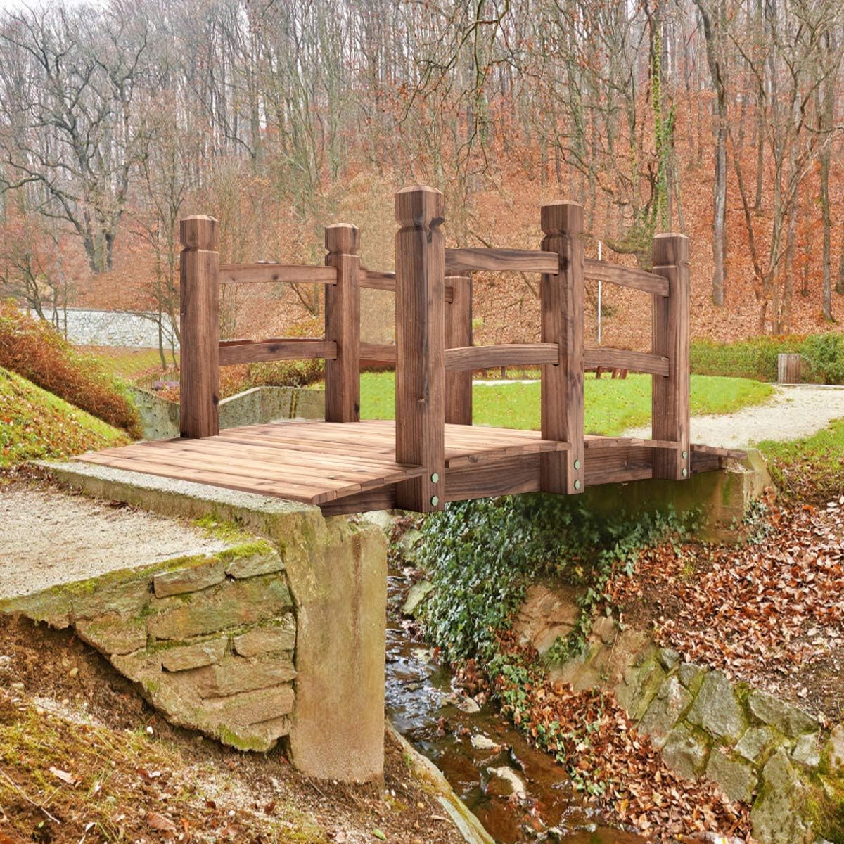 S AFSTAR Wooden Garden Bridge, 5FT Stain Finished Arch Footbridge with Safety Rails for Garden Patio Yard, Outdoor Pond Bridge & Wishing Well Planter Set-VerdiqueGarden