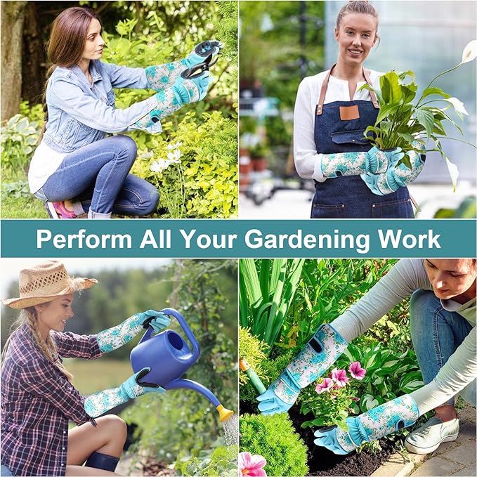 DLY Gardening Gloves for Women, Rose Gloves Gardening Thorn Proof, Long Garden Gloves for Women, Breathable & Durable Leather Gauntlet(Medium, Light Blue)-VerdiqueGarden