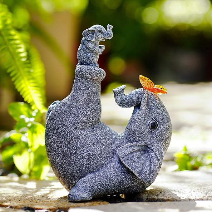 Mommy & Baby Elephant Garden Statue with Solar Butterfly Lights - Perfect Elephant Decor & Ornament for Women, Housewarming Gifts and as Garden Decorations-VerdiqueGarden