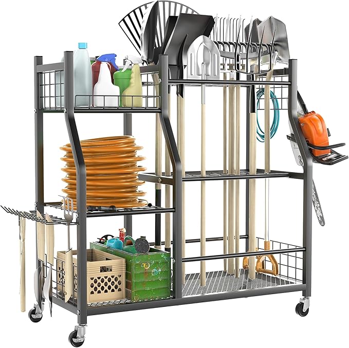 TORACK Garden Tool Organizer with Wheels, Rakes Shovels Yard Tools Stand for Garage, Shed, Garden, Indoor/Outdoor Long-Handled Tools Cart-VerdiqueGarden
