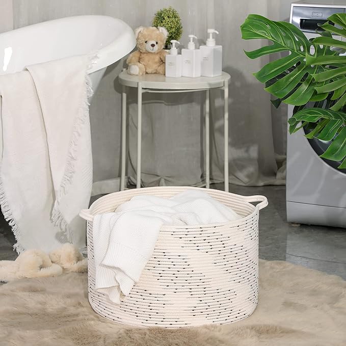 KAKAMAY Large Blanket Basket (20"x13"),Woven Baskets for storage Baby Laundry Hamper,Cotton Rope Blanket Basket for Living Room, Laundry, Nursery, Pillows, Off White with Blue & Brown Dotted Pattern-VerdiqueGarden