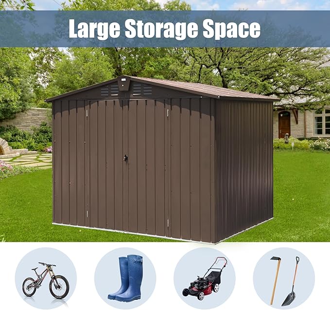 Domi Outdoor Storage Shed 8.2' x 6.2', Metal Steel Utility Tool Shed Storage House with Double Lockable Doors & Air Vents for Backyard Patio Garden Lawn Brown-VerdiqueGarden