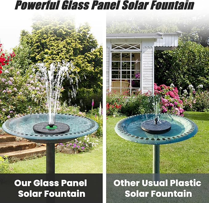 Solar Fountain Full Glass Panel No Battery, 3.5W Solar Bird Bath Fountains with 4 Fixed Rods & 7 Nozzles, Solar Fountain Pump for Bird Bath, Garden, Pond, Pool, Patio (Black Panel)-VerdiqueGarden