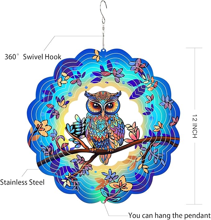 Owl Metal Wind Spinners Owl Gifts for Mom Women Grandma,12inch Hanging Wind Spinner for Outdoor&Indoor Decor Wind Kinetic Christmas Mother Ornament Gifts for Yard Garden Decoration-VerdiqueGarden