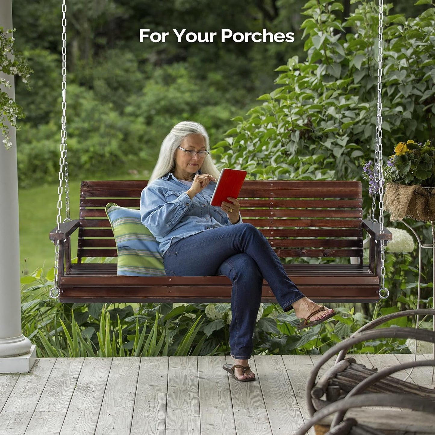 VINGLI Heavy Duty 880 LBS Patio Porch Swing Outdoor PU Painting, Hanging Chair with Adjustable Secure Chains, Finished Outdoor Bench Tree Swing for Yard | Garden | Lawn | Balcony (5 FT, Rustic)-VerdiqueGarden