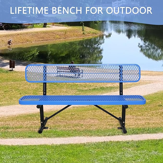 6FT Outdoor Benches Heavy Duty Park Bench with Back Portable Frame, Blue Metal Steel Bench, Outdoor Garden Bench Expanded Metal Mesh Bench for Lawn, Park, Deck, Garden, Patio, Porch, Black (Blue, 6FT)-VerdiqueGarden