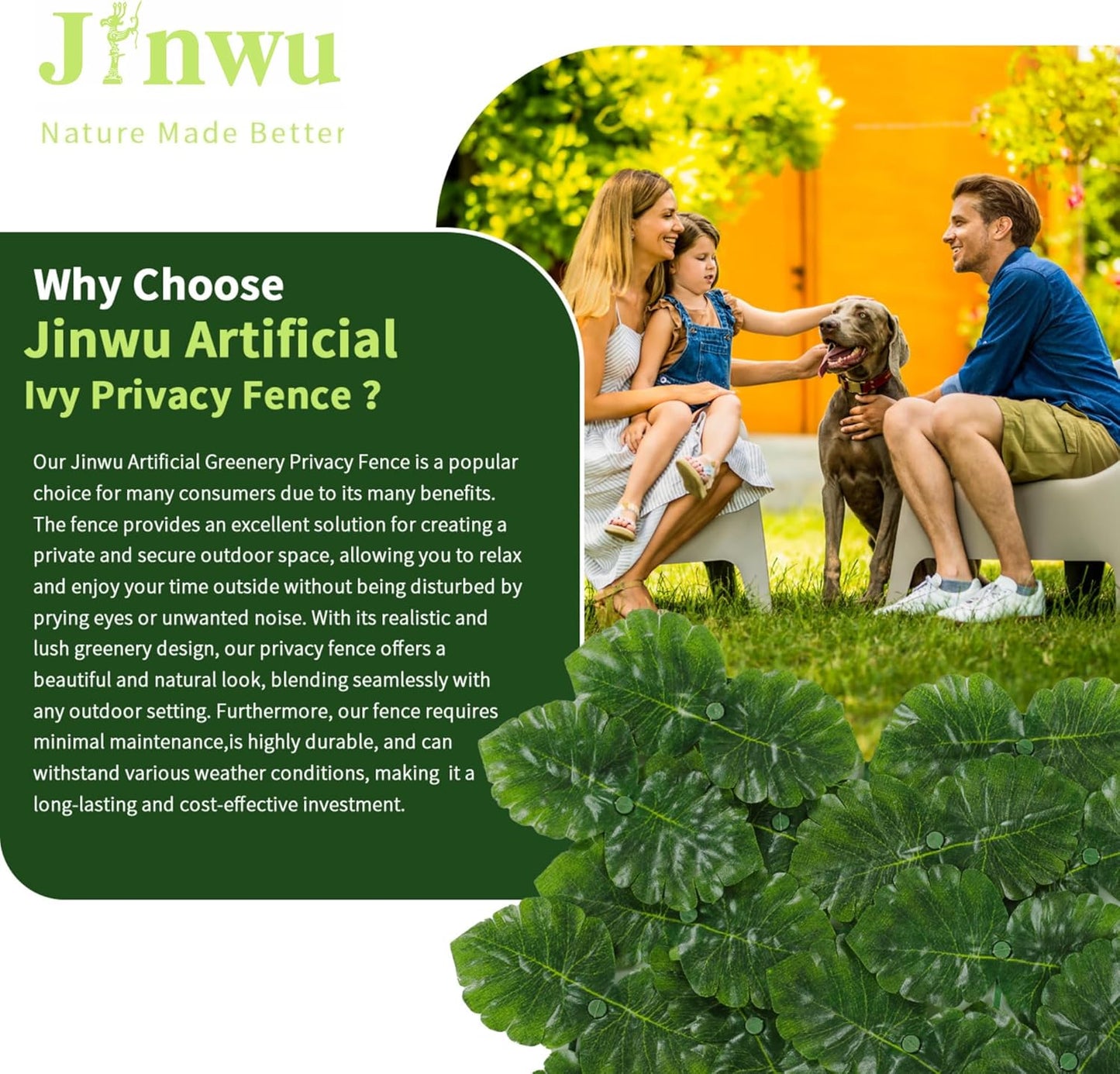 Jinwu Artificial Ivy Privacy Fence Screen (2 Rolls, Total 59x118 inch), Expandable Faux Privacy Fence with 79 pcs Zip Ties, Decoration for Outdoor Garden, Printed Monstera Leaf-VerdiqueGarden