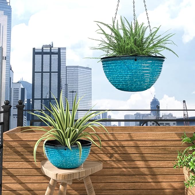 10 Inch Hanging Planter, 2 Pack Hanging Planters for Indoor Outdoor Plants Self Watering Hanging Pots with Drainage Holes for Garden Home (Snowflake Blue)-VerdiqueGarden