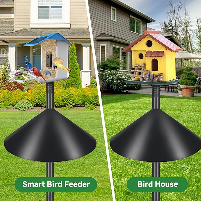 Smart Bird Feeder Pole Stand 79In,Adjustable Height Metal Bird House Pole for Outdoor Garden with Multiple Mounting Options (Black, Round Squirrel Baffle - High 79in)-VerdiqueGarden