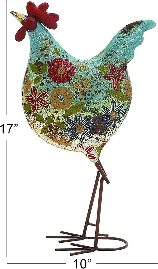 Deco 79 Metal Rooster Decorative Garden Sculpture Indoor Outdoor Distressed Standing Garden Statue with U Shaped Feet, Outdoor Sculpture 10" x 5" x 17", Green-VerdiqueGarden