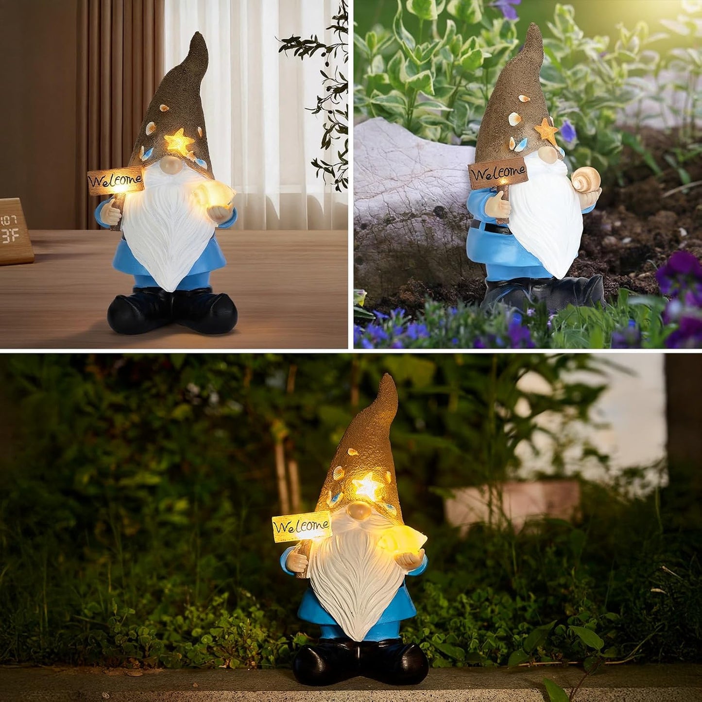 Solar Garden Gnomes Decor Outdoor Statue - Gnome Welcome Sign with LED Waterproof Sculptures Lights, Gnome Pond/Yard Statues Outside Decoration, Home, Lawn, Patio, Resin Ornament, Gardening Gift-VerdiqueGarden