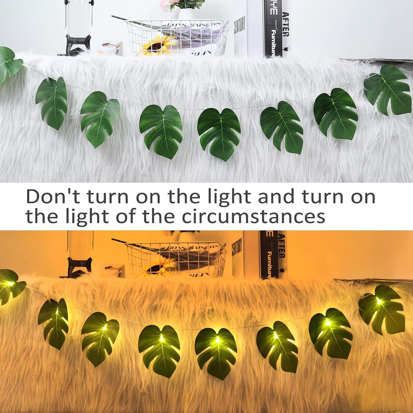 RECUTMS 20LED Monstera Leaf String Lights, Tropical Artificial Rattan Palm Leaves Wall Hanging Vine Greenery,Summer Decorations for Outdoor Indoor Hawaiian Luau Jungle Beach Theme Party Table Home-VerdiqueGarden