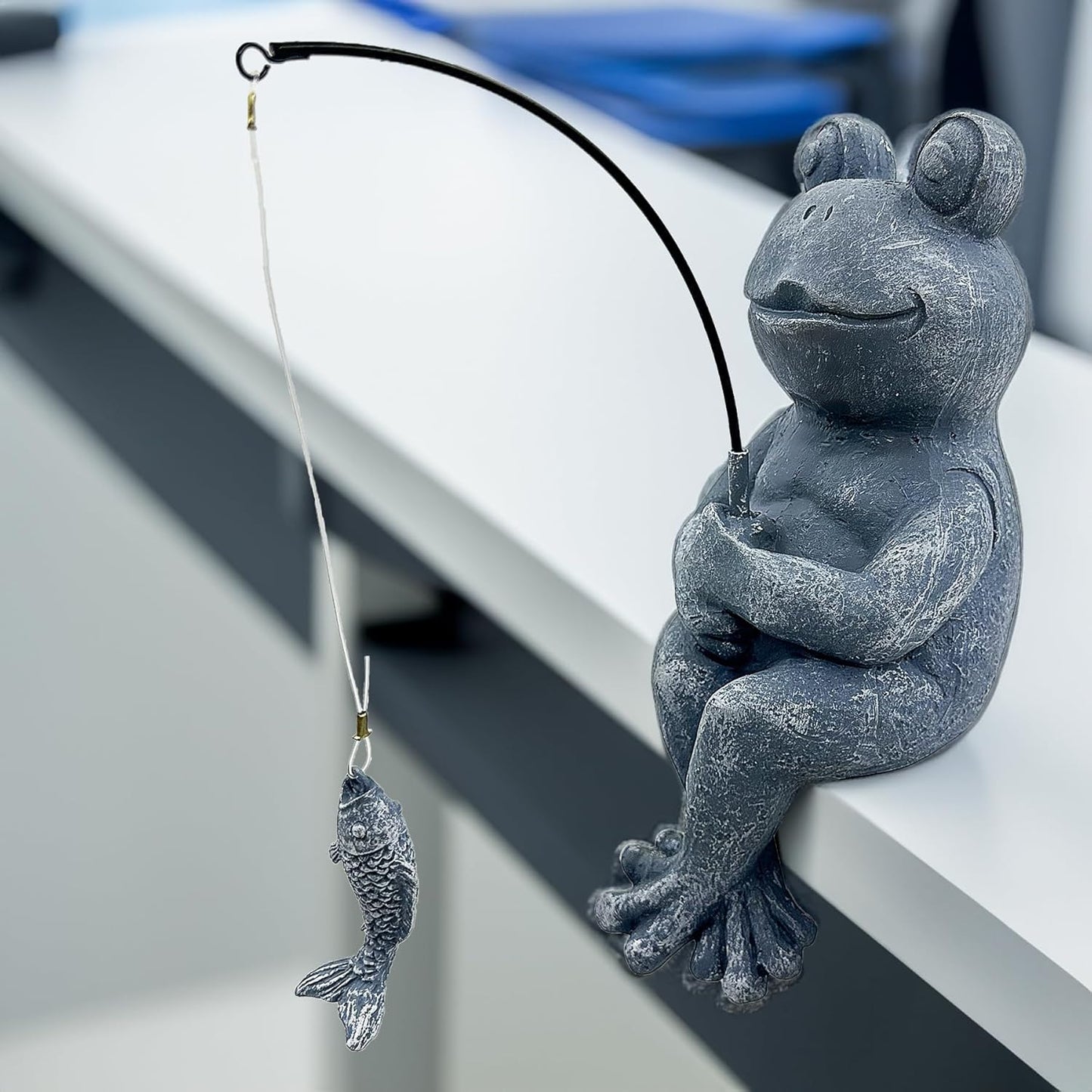 9.5" Fishing Frog Stone Look Sculpture, Whimsical Lawn Yard Art, Funny Garden Pond Fisherman Statue, Resin Animal Decorative Figurine, Ideal for Frog Fishing Lovers-VerdiqueGarden